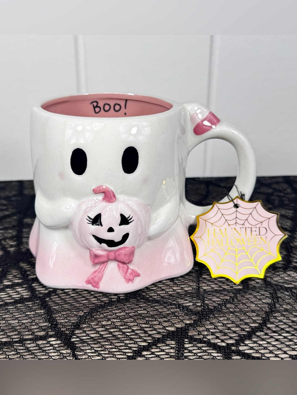 NEW Haunted Halloween Ghost Pink Pumpkin Mug